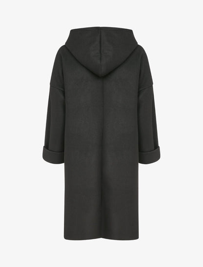 Manteau mi-long à capuche et manches à revers - Noir - 2