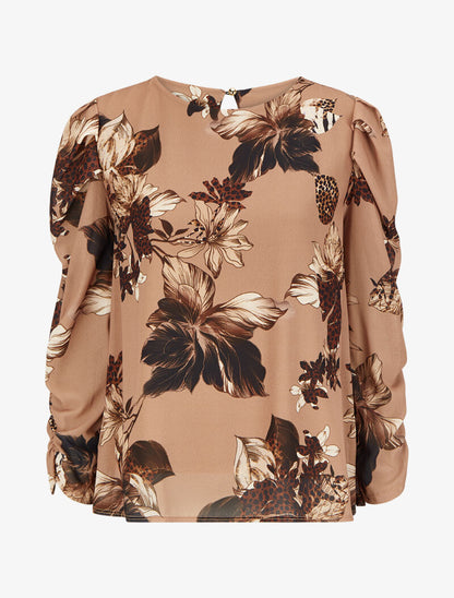 Top à manches gigot et imprimé fleurs et léopard - Taupe - 1