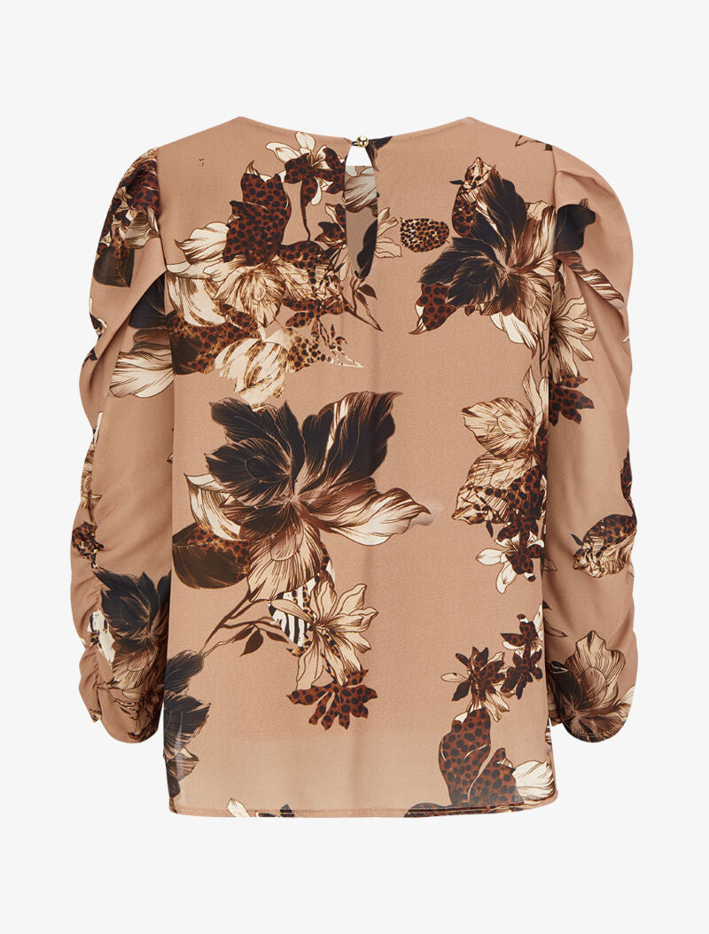 Top à manches gigot et imprimé fleurs et léopard - Taupe - 2