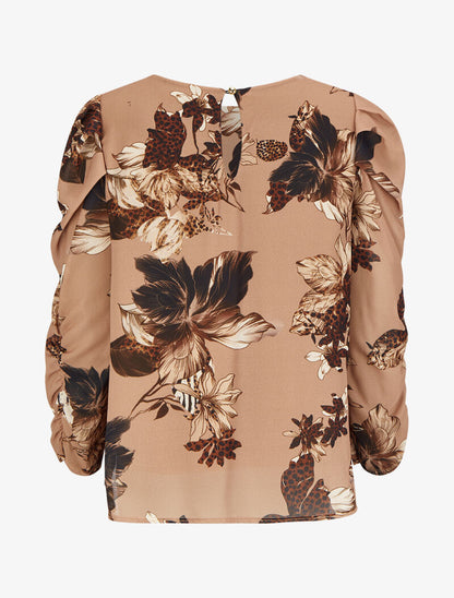 Top à manches gigot et imprimé fleurs et léopard - Taupe - 2