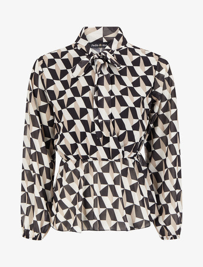 Top péplum à col lavallière et imprimé géométrique - Beige - 1