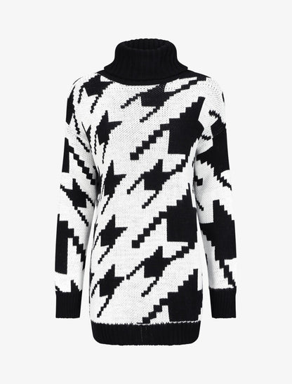 Pull long à col roulé et imprimé pied de coq stylisé - Noir - 1