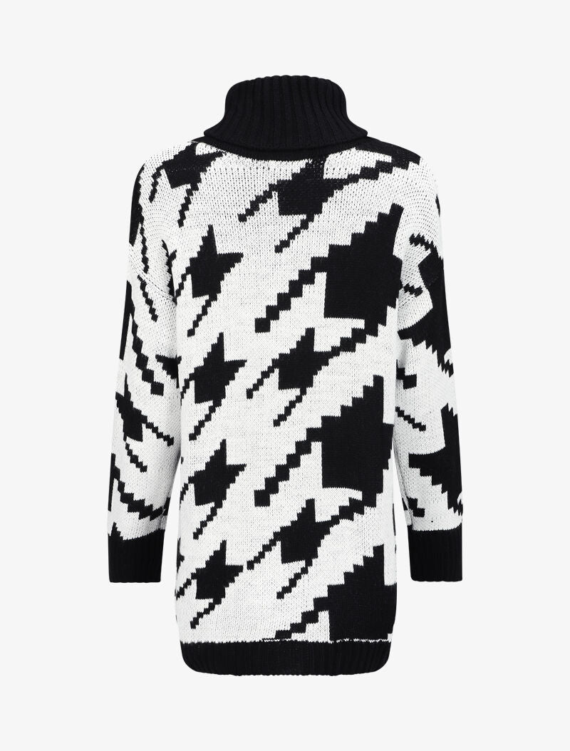 Pull long à col roulé et imprimé pied de coq stylisé - Noir - 2