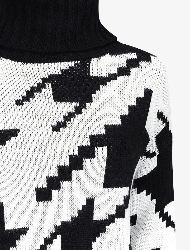 Pull long à col roulé et imprimé pied de coq stylisé - Noir - 3