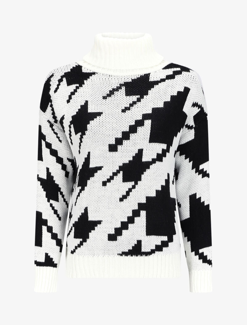 Pull à col roulé et imprimé pied de coq stylisé - Blanc - 1