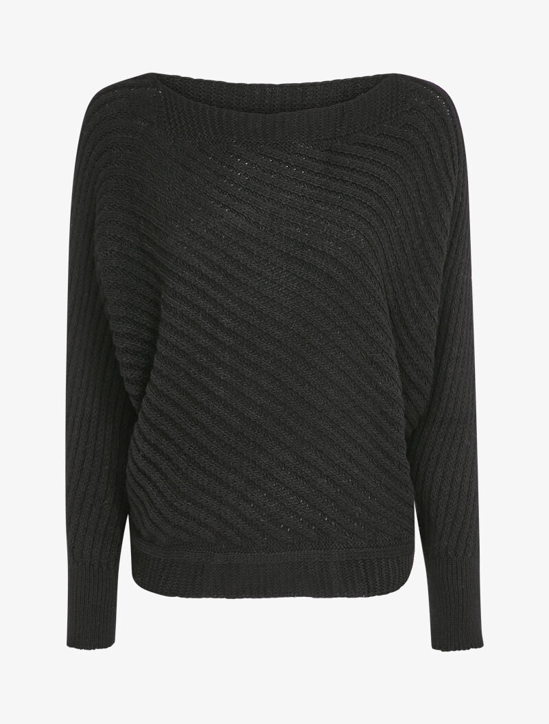 Pull col bateau en maille striée - Noir - 4