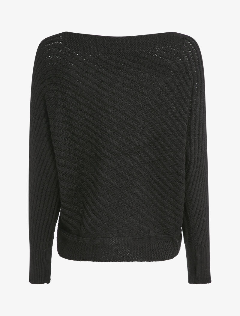 Pull col bateau en maille striée - Noir - 2