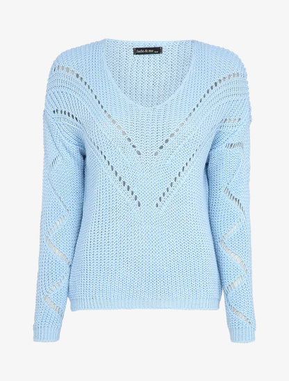 Pull à col V en maille stylisée et ajourée - Bleu ciel - 4