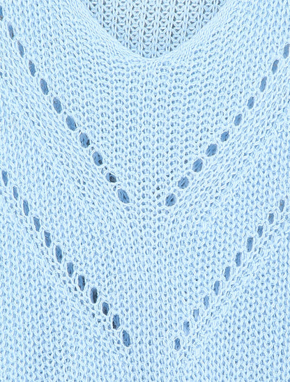 Pull à col V en maille stylisée et ajourée - Bleu ciel - 3