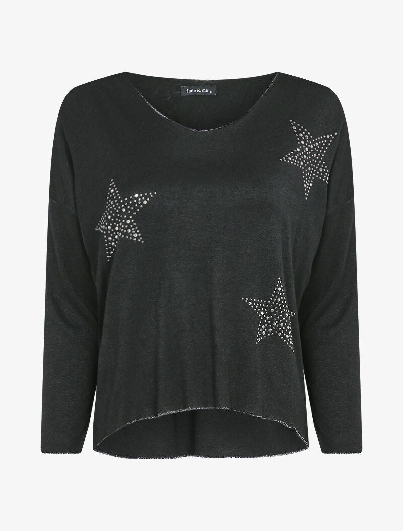 Pull fin oversize orné de strass - Noir - 1