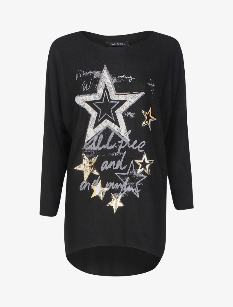 Pull fin loose à motif à inscriptions et motifs étoiles irisées - Noir - 1