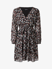 Robe patineuse imprimé fleurs de cerisier lamé à manches plissées - Noir - 1