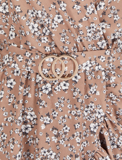 Robe portefeuille volantée à imprimé petites fleurs - Beige - 3