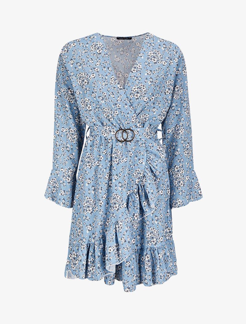 Robe portefeuille volantée à imprimé petites fleurs - Bleu ciel - 4