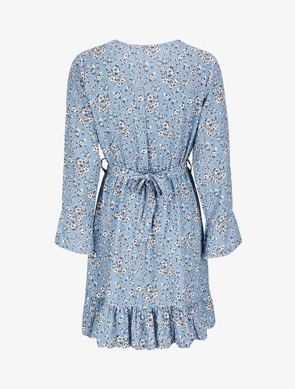 Robe portefeuille volantée à imprimé petites fleurs - Bleu ciel - 2