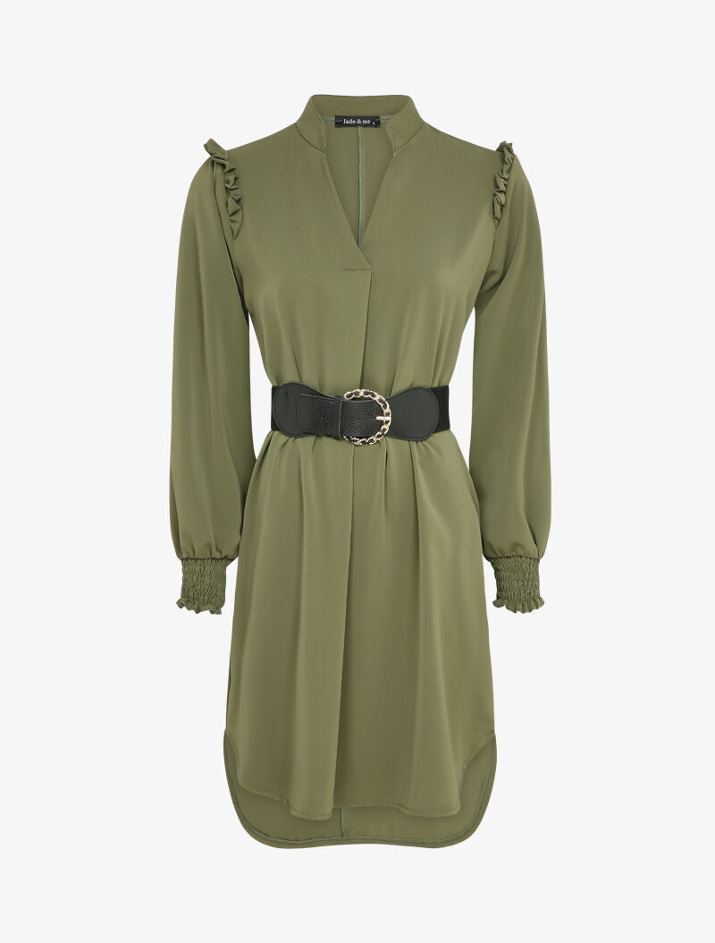 Robe satinée à épaules volantées et manches bouffantes - Kaki - 1