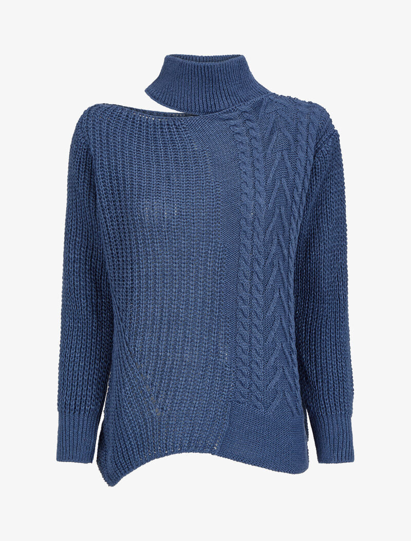 Pull à col montant ajouré et bords asymétriques - Bleu - 1