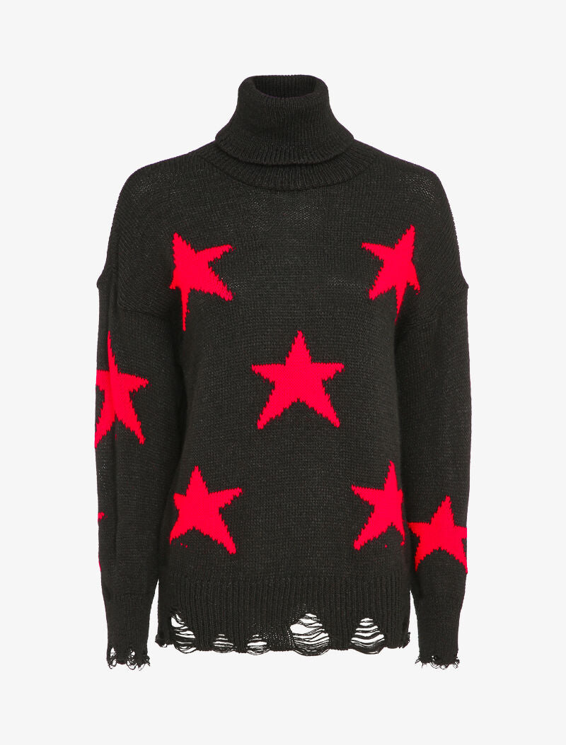 Pull à col roulé à bords effilochés et imprimé étoiles - Noir - 1