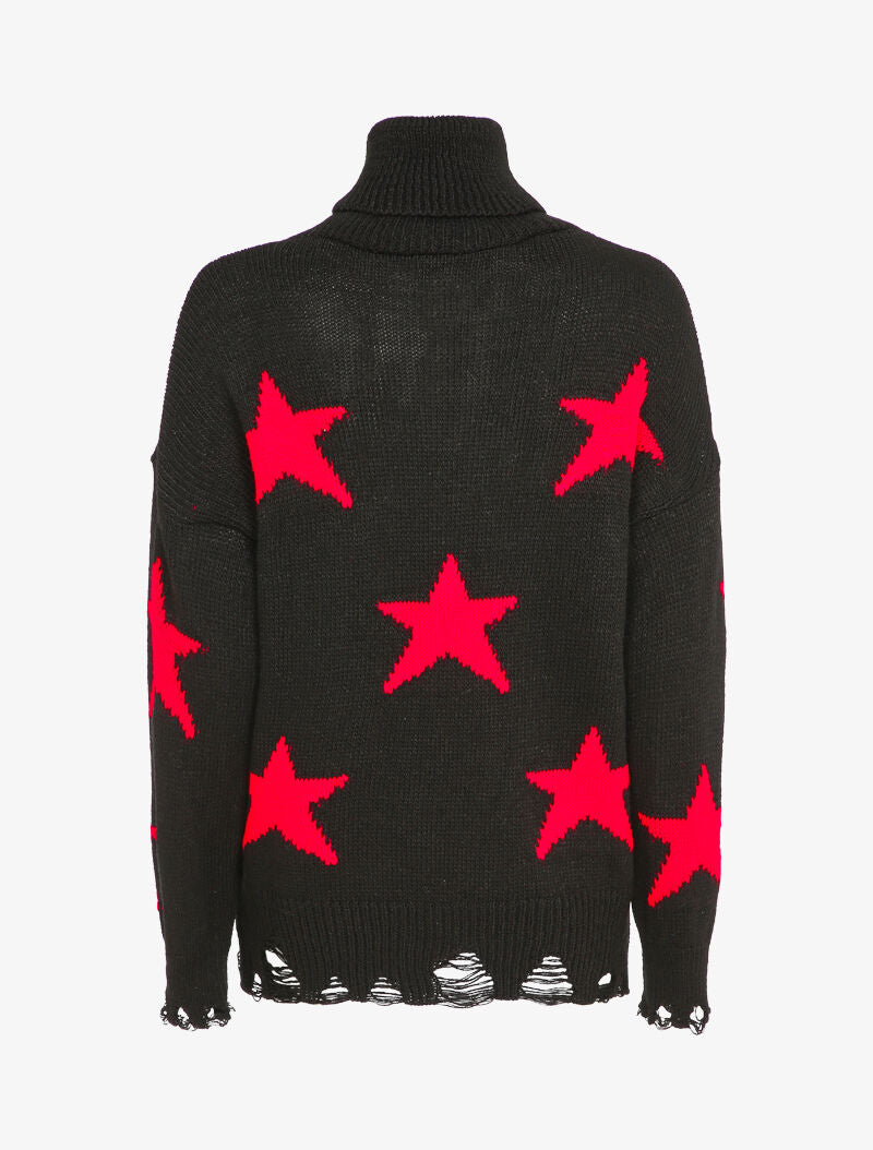Pull à col roulé à bords effilochés et imprimé étoiles - Noir - 2