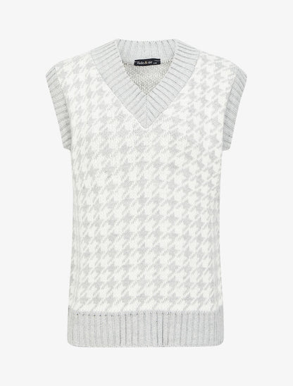 Pull sans manches à col V et imprimé pied de poule - Gris clair - 4