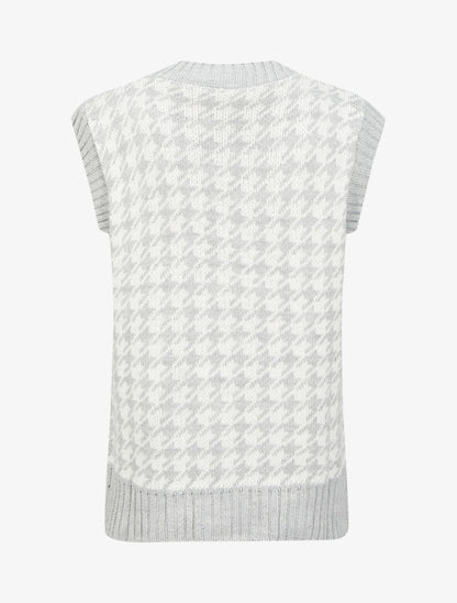 Pull sans manches à col V et imprimé pied de poule - Gris clair - 2