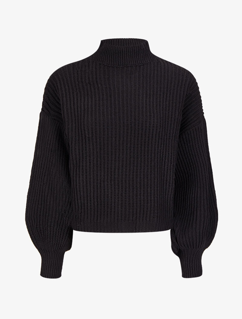 Pull court en grosse maille à col montant - Noir - 1