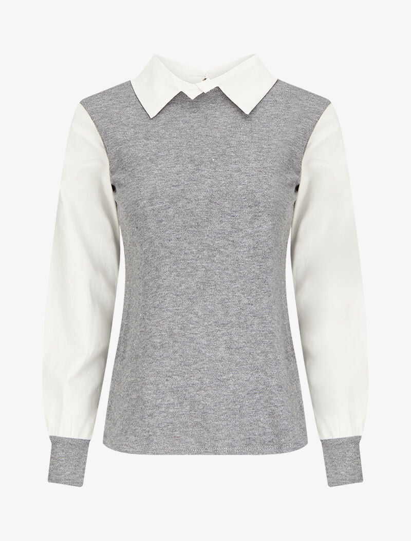 Pull à col et manches style chemise - Gris chiné - 1