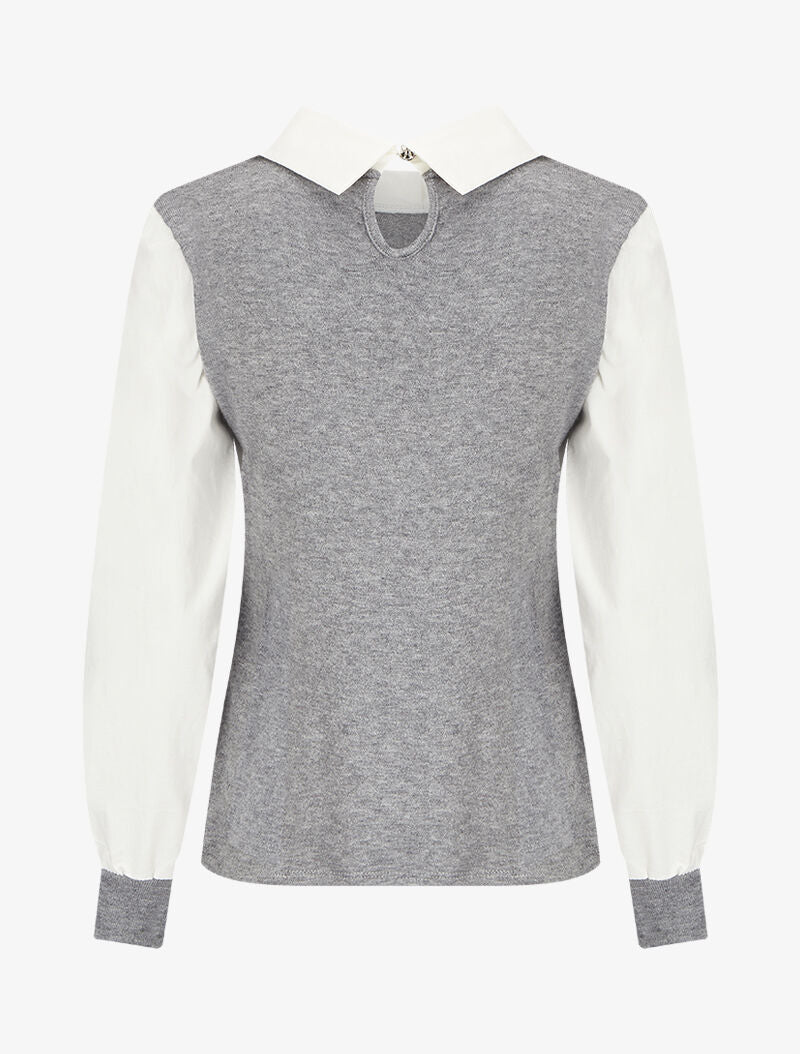 Pull à col et manches style chemise - Gris chiné - 2