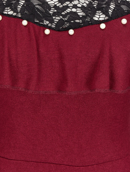 Robe patineuse à épaules en dentelle à volants - Bordeaux - 3