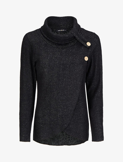Pull à col roulé à détails boutons et pans avant croisés - Noir - 1