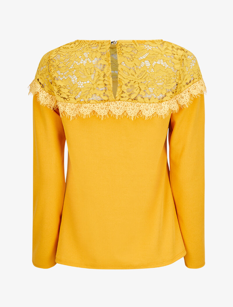 Blouse à épaules en dentelle et manches longues - Moutarde - 2