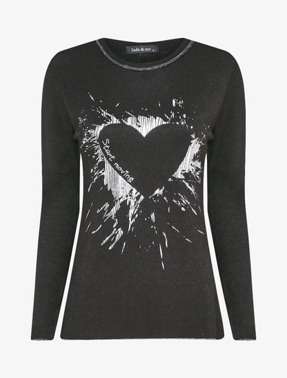 Pull fin à motif coeur irisé et dos long - Noir - 1