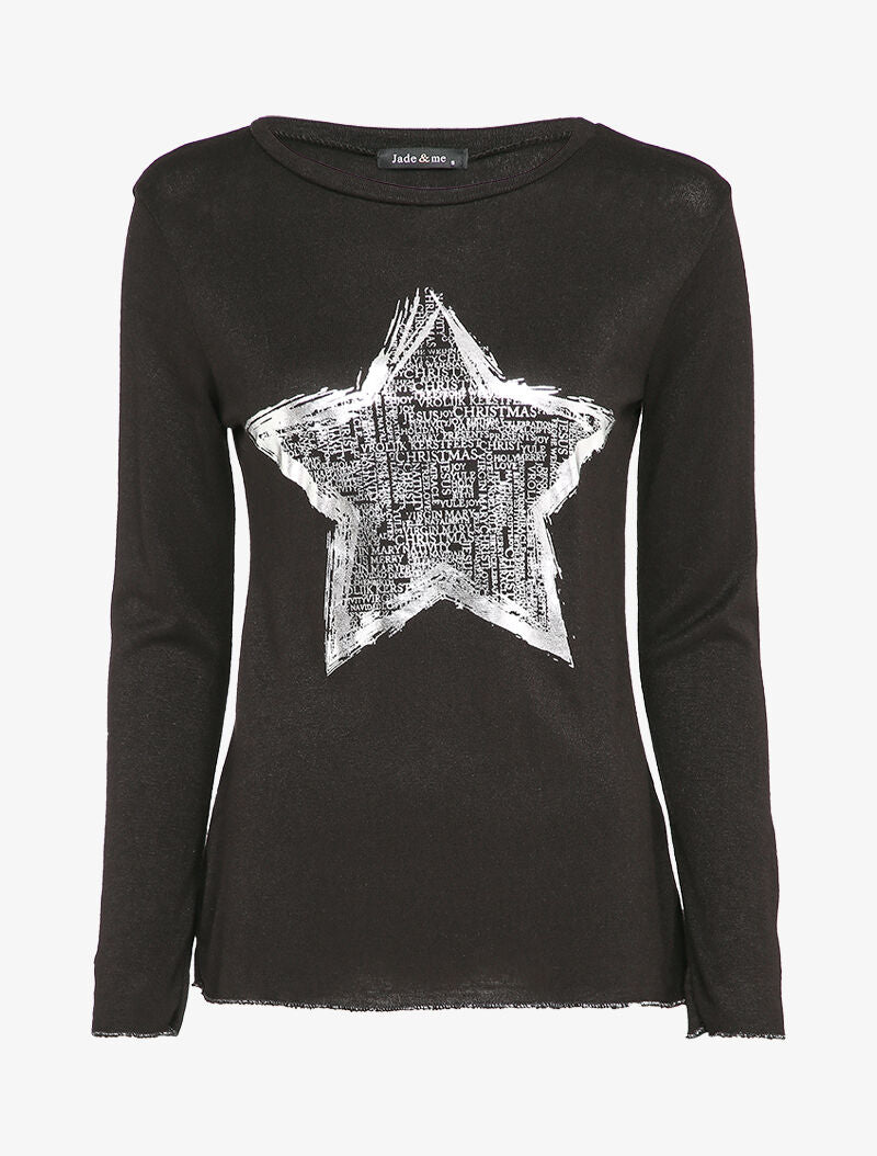 Pull fin à motif étoile irisée et dos long - Noir - 1