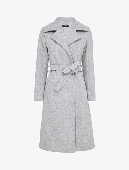Manteau long ceinturé à col cranté - Gris chiné - 1