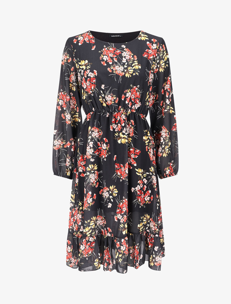 Robe à bords volantés et imprimé bouquet estival - Noir - 4