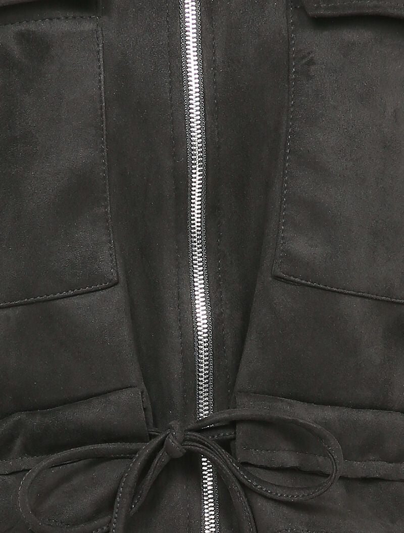 Veste courte en suédine à poches à rabat - Noir - 3