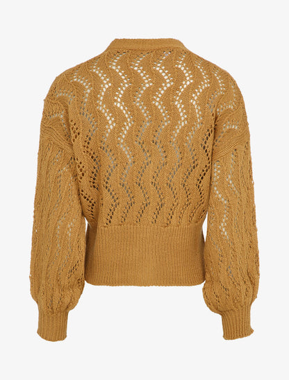 Gilet en maille ajourée à boutons en perles - Camel - 2