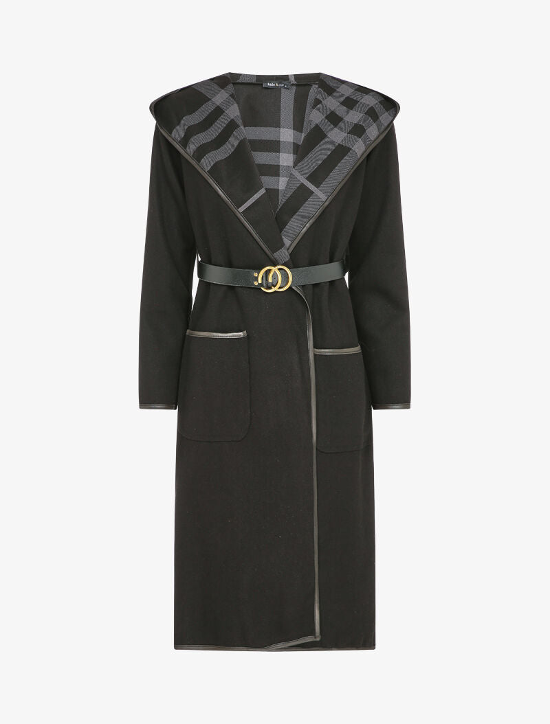 Manteau long à capuche à revers à carreaux - Noir - 1