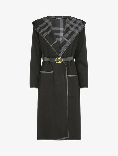 Manteau long à capuche à revers à carreaux - Noir - 1