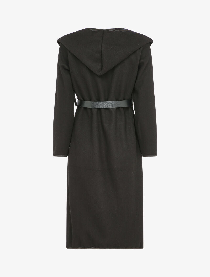 Manteau long à capuche à revers à carreaux - Noir - 2
