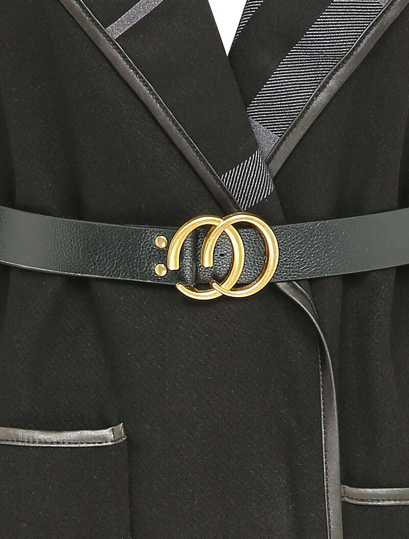Manteau long à capuche à revers à carreaux - Noir - 3