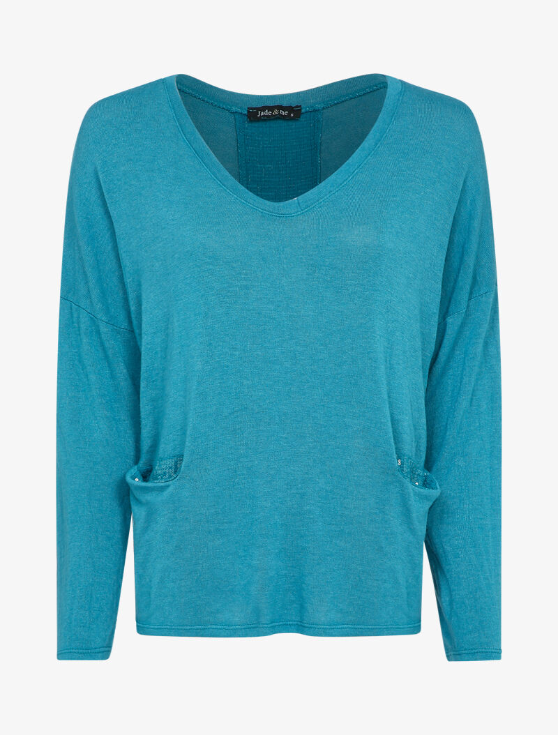 Pull fluide à poches et dos à détail sequins - Turquoise - 1