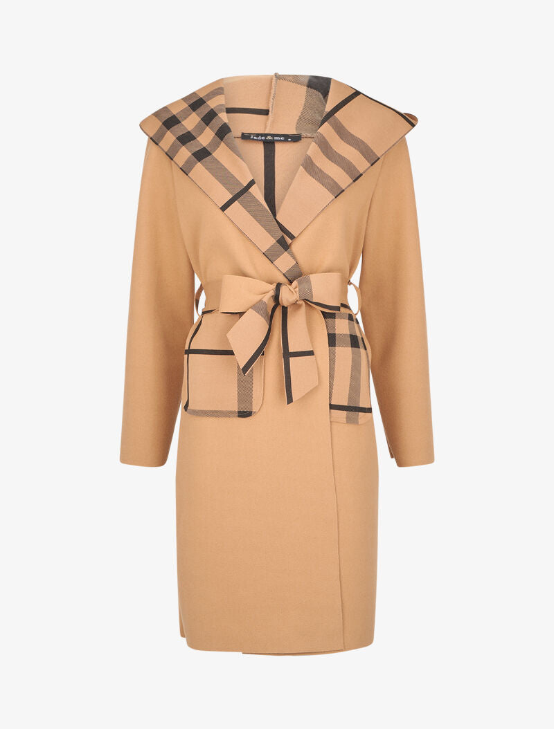 Manteau long à capuche et poches à motif tartan - Camel - 4