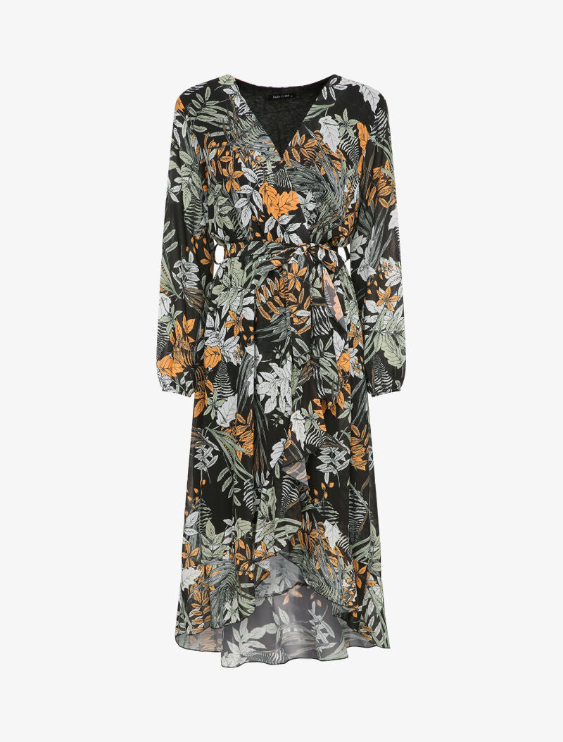 Robe cache-coeur imprimé feuilles automnales à bords volantés - Noir - 4