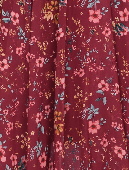 Robe patineuse imprimé fleurs champêtres à col rond - Bordeaux - 3