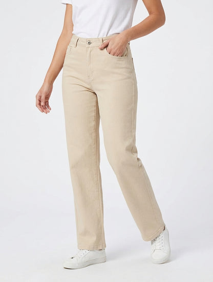 Gerade geschnittener High-Waist-Jeans. - Beige