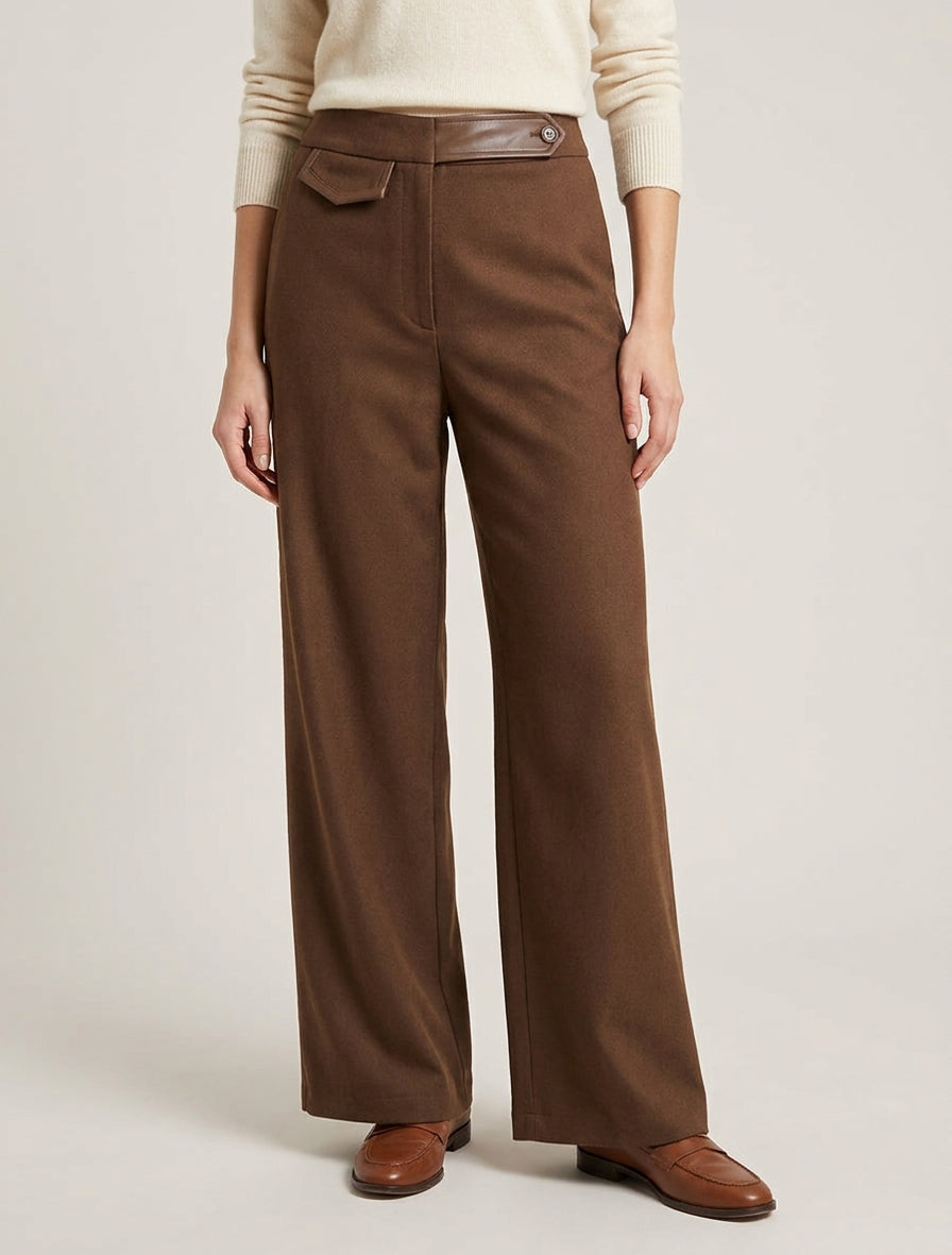 Weite High-Waist-Hose mit Kunstlederdetail - Braun