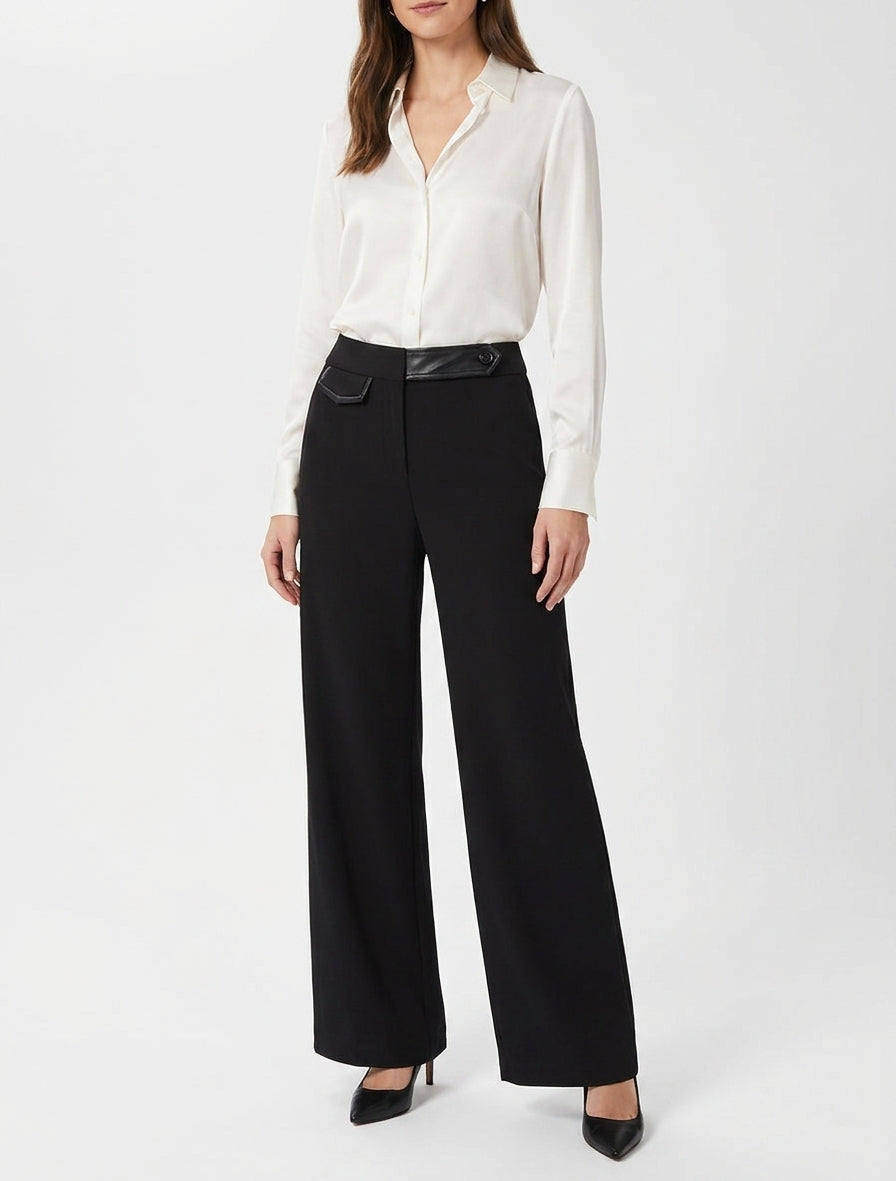 Weite High-Waist-Hose mit Kunstlederdetail - Schwarz