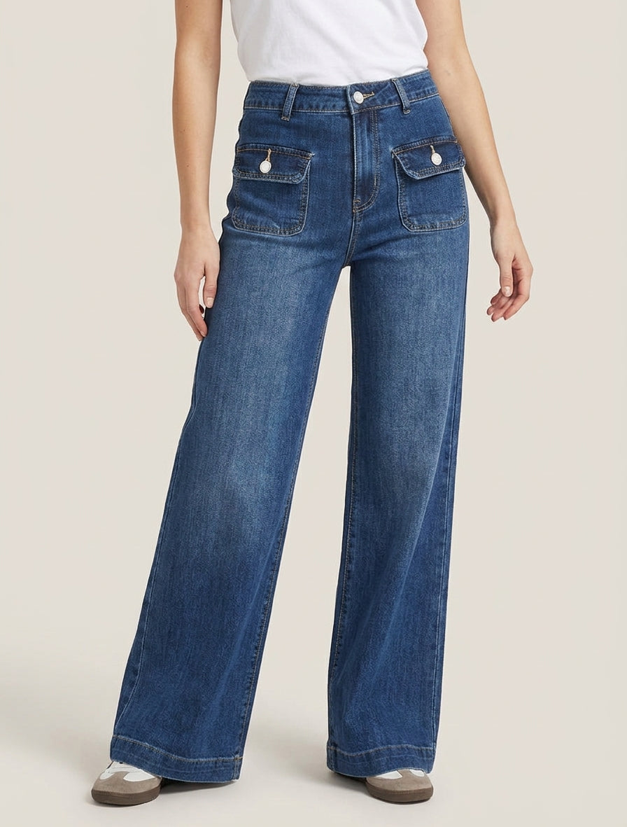 Jean mit 4 Taschen im Wide-Leg-Schnitt. - Denimblau
