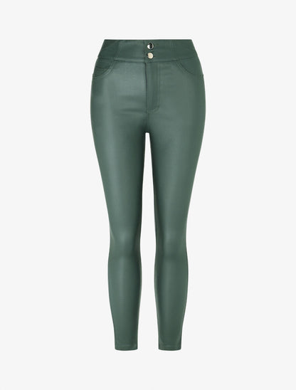 Pantalon uni en simili à 2 boutons - Vert sapin - 1